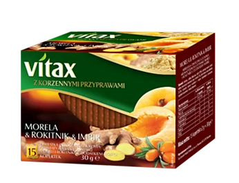 Herbata owocowo-ziołowa w kopertach Vitax z korzennymi przyprawami, morela/rokitnik/imbir, 15 sztuk x 2g