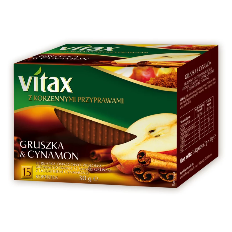 Herbata owocowo-ziołowa w kopertach Vitax z korzennymi przyprawami, gruszka i cynamon, 15 sztuk x 2g