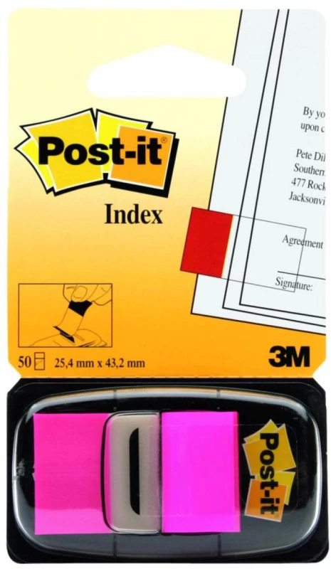 Zakładki samoprzylepne Post-it (680-21) proste, indeksujące, folia, półtransparentne, 25x43mm, 1x50 sztuk, jaskrawy różowy