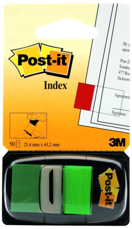 Zakładki samoprzylepne Post-it proste, indeksujące, folia, półtransparentne, 25x43mm, 1x50 sztuk, zielone