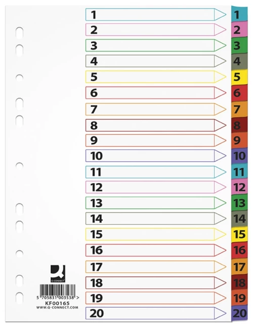 Przekładki kartonowe numeryczne z kolorowymi indeksami Q-Connect, laminowane, A4, 20 kart, mix kolorów