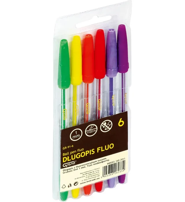 Długopis biurowy Grand GR-91 Fluo, 1mm, w etui, 6 sztuki, mix kolorów