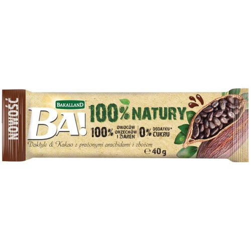 Baton owocowy Bakalland BA!, daktyl, kakao i arachid, bez cukru, 40g