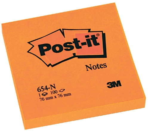 Karteczki samoprzylepne Post-it 654N, 76x76mm, 100 karteczek, pomarańczowy neonowy