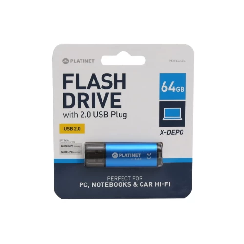 Pendrive aluminiowy Platinet X-Depo, 64GB, USB 2.0, niebieski