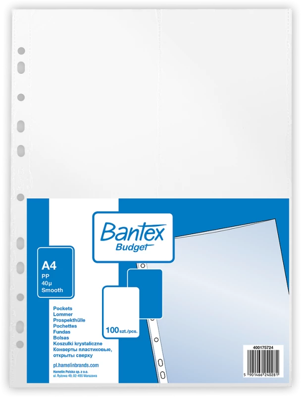 koszulki krystaliczne Bantex Budget, A4, 40µm, 100 sztuk, transparentny 