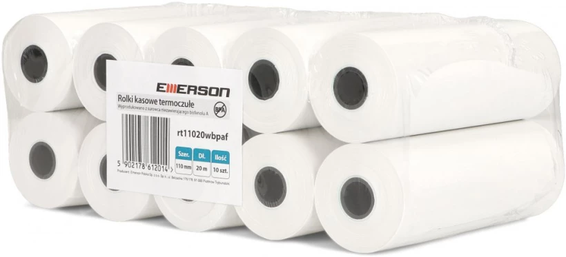 Rolka papierowa termiczna Emerson, 110mm x 20m, 50+/- 6g/m2, BPA Free, 10 sztuk, biały