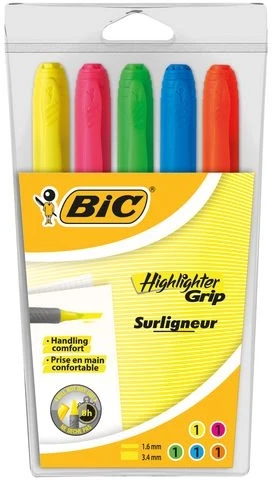 Zakreślacz BIC Highlighter Grip, ścięta, w etui, 5 sztuk, mix kolorów