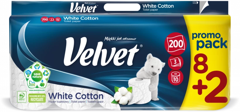 Papier toaletowy Velvet White Cotton, 3-warstwowy, 8+2 rolek, 25m, biały