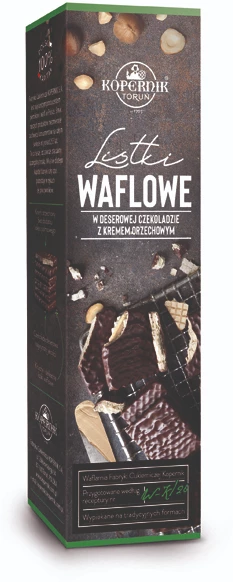 Listki waflowe w deserowej czekoladzie Kopernik Premium, z kremem orzechowym, 112g