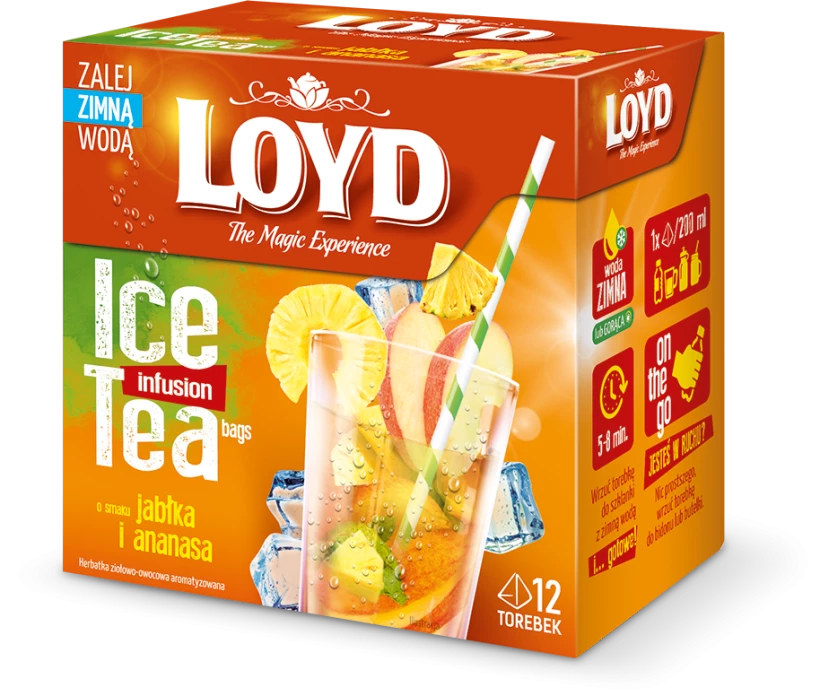 Herbata owocowa w piramidkach Loyd Ice Tea, jabłko/ananas, 12 sztuk x 2.5g