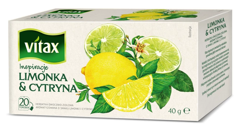 Herbata owocowa w torebkach Vitax Inspirations, limonka i cytryna, 20 sztuk x 2g