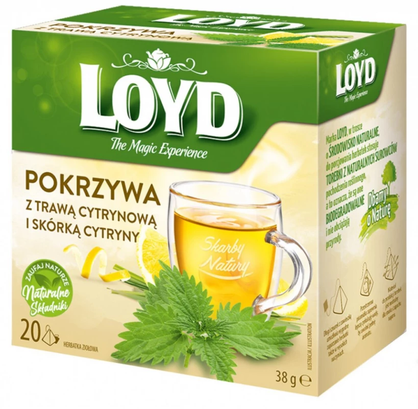 Herbata ziołowa w piramidkach Loyd Pokrzywa z trawą cytrynową i skórką cytryny, 20 sztuk x 1.9g