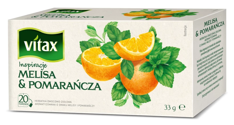Herbata owocowa w torebkach Vitax Inspirations, melisa i pomarańcza, 20 sztuk x 2g