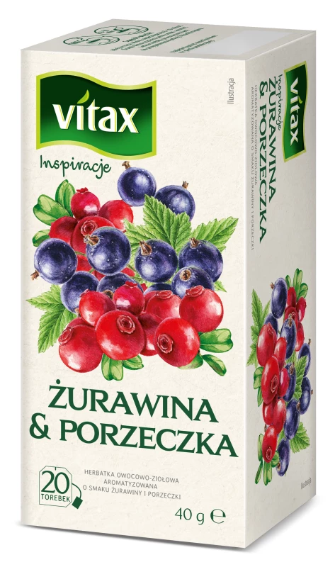 Herbata owocowa w torebkach Vitax Inspirations, żurawina i porzeczka, 20 sztuk x 2g