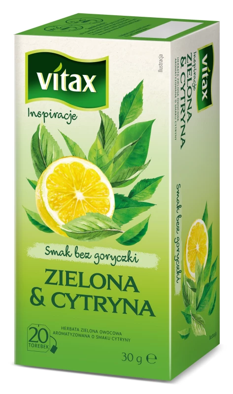 Herbata zielona smakowa w torebkach Vitax Inspirations, cytryna, 20 sztuk x 1.5g