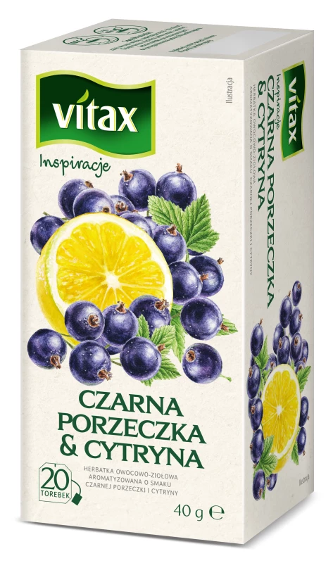 Herbata owocowa w torebkach Vitax Inspirations, czarna porzeczka &amp; cytryna, 20 sztuk x 2g