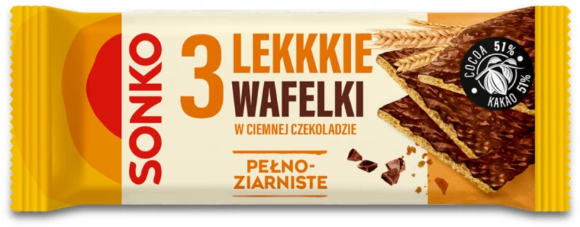 Lekkie wafelki Sonko, pełnoziarniste w ciemnej czekoladzie, 3 sztuki, 36g