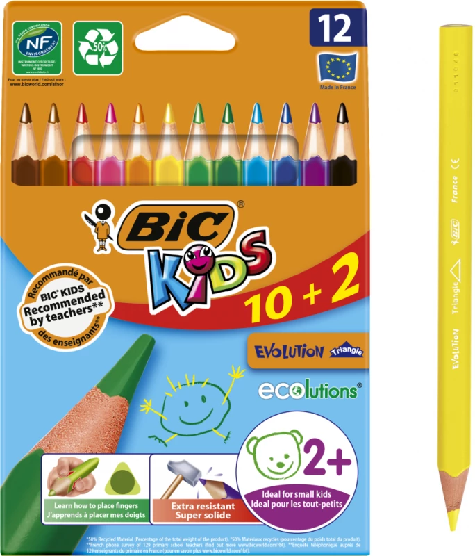Kredki ołówkowe BIC Kids Evolution Triangle ECOlutions,  10+2 sztuki, mix kolorów