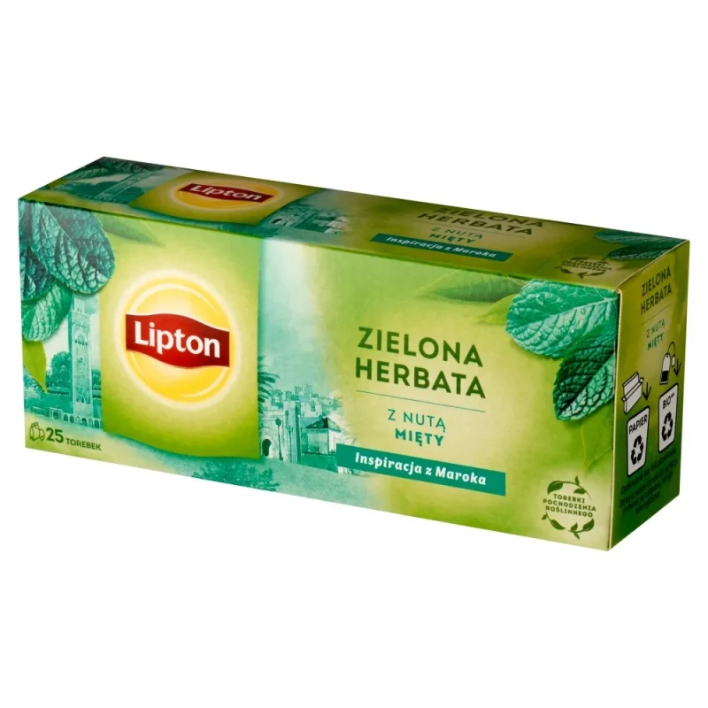 Herbata zielona smakowa w torebkach Lipton Green Tea Mint, mięta, 25 sztuk x 1.3g