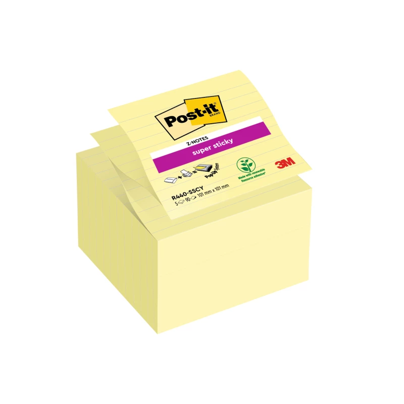 Karteczki samoprzylepne Post-it Super Sticky Z-Notes XL, w linię, 101x101mm, 5x90 karteczek, żółty