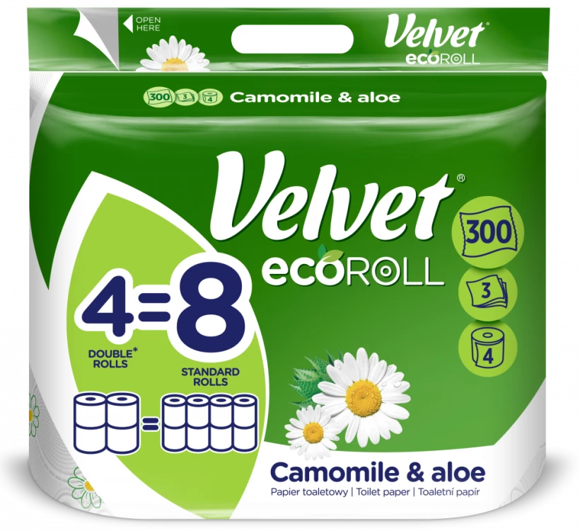 papier toaletowy Velvet EcoRoll, rumiankowy, 3-warstwowy, 4 rolki, biały
