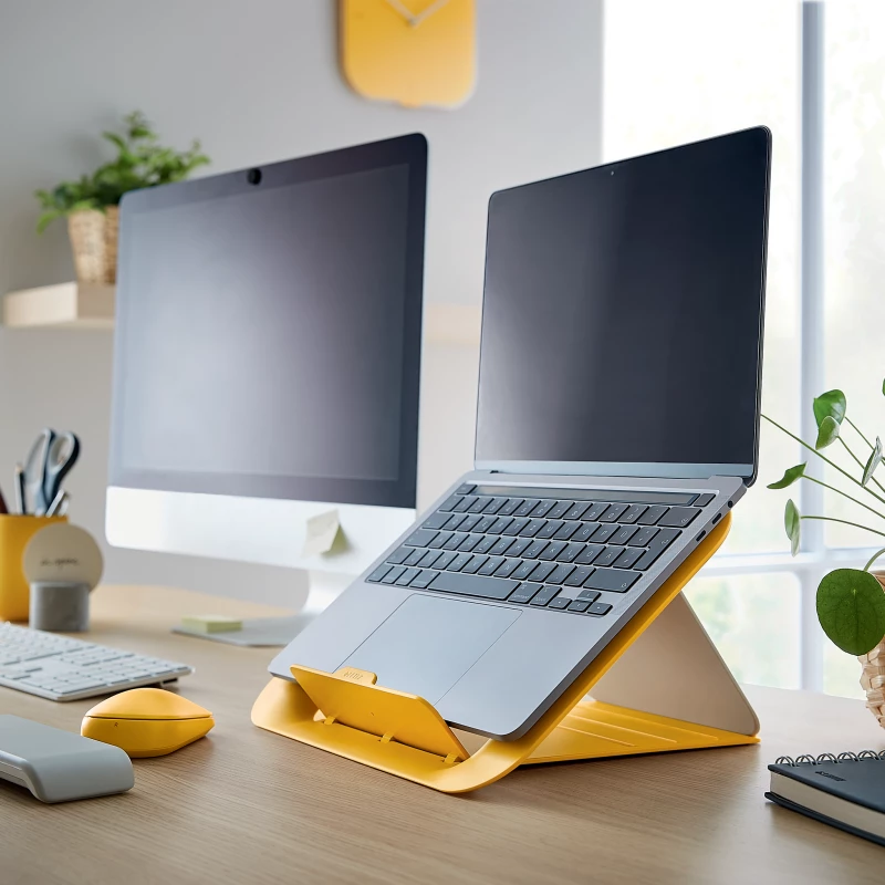 żółta podstawka z laptopem, postawiona na biurku obok monitora komputerowego