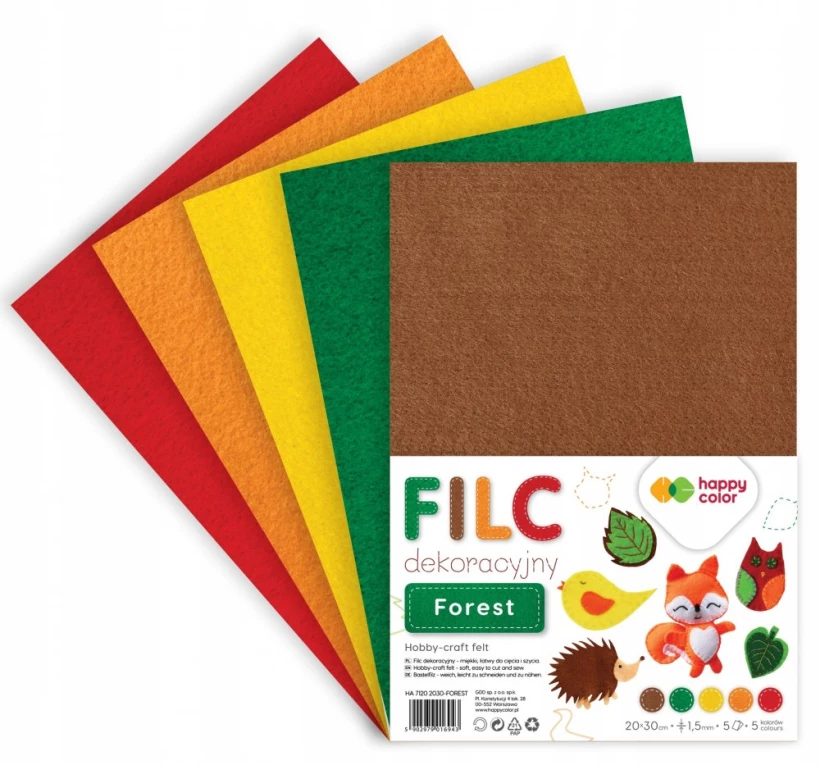 Filc dekoracyjny Happy Color Forest, 20x30 cm, 1.5 mm, 5 arkuszy, 5 kolorów