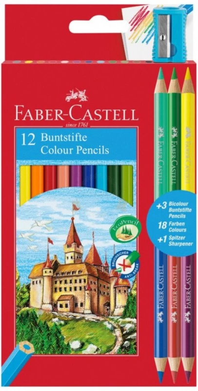 Kredki ołówkowe Faber Castell Zamek, 12 sztuk +  3 kredki dwustronne Bicolor + temperówka. mix kolorów