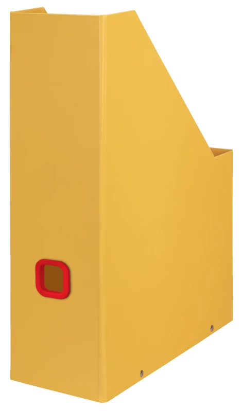 żółty pojemnik na czasopisma z uchwytem na palec, widok od tyłu