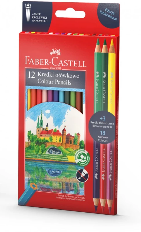 Kredki ołówkowe Faber Castell, Zamek, edycja limitowana Wawel, 12 sztuk + 3 kredki dwustronne, mix kolorów