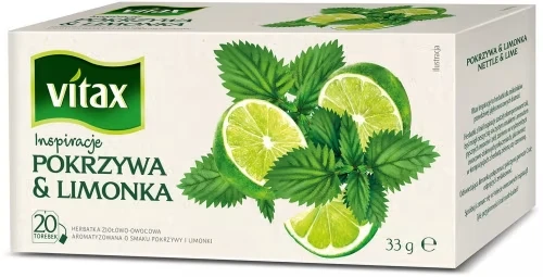 Herbata ziołowo-owocowa w torebkach Vitax Inspiracje, pokrzywa &amp; limonka, 20 sztuk x 1.65g