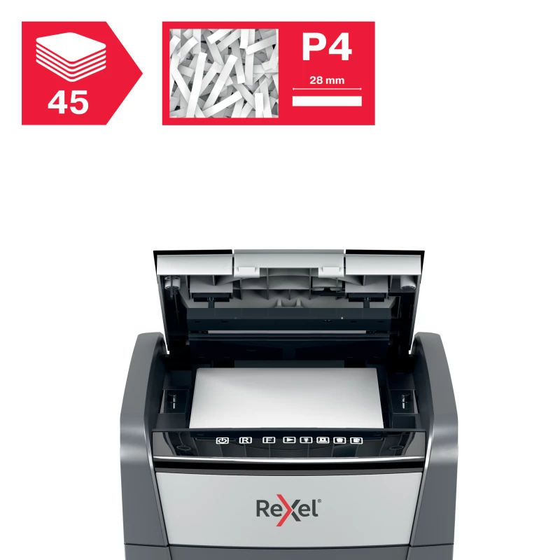 niszczarka Rexel Optimum AutoFeed +45X z oznaczeniem ilości niszczonych kartek z podajnika automatycznego i ikoną stopnia bezpieczeństwa P-4
