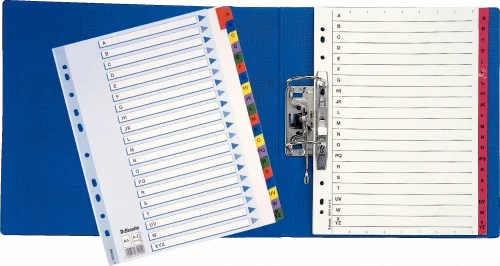 Praktyczne i wygodne przekładki kartonowe alfabetyczne z kolorowymi indeksami Esselte Mylar A- Z formatu A4