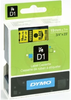 Praktyczna i niezawodna taśma do drukarek etykiet Dymo D1 (19 mm x 7 m, czarny nadruk, żółta taśma