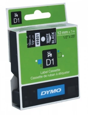 Praktyczna i niezawodna taśma do drukarek etykiet Dymo D1 (12 mm x 7 m, nadruk biały, taśma czarna)