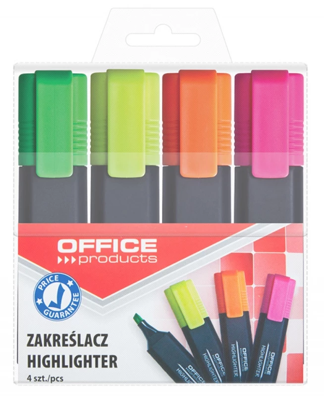 Zakreślacze Office Products 4 sztuki mix kolorów fluorescencyjnych