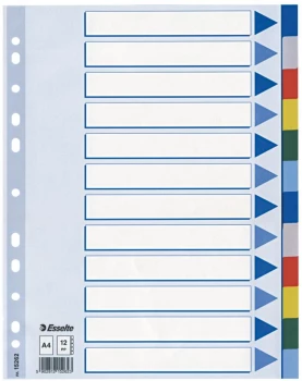 Przekładki plastikowe z kolorowymi indeksami Esselte, A4,12 kart, mix kolorów