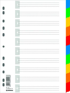 Przekładki plastikowe z kolorowymi indeksami Donau, A4, 10 kart+1 kart, mix kolorów