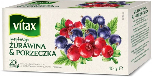 Herbata owocowa w torebkach Vitax Inspirations, żurawina i porzeczka, 20 sztuk x 2g