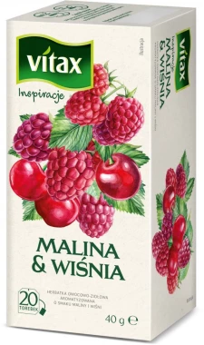 Herbata owocowa w torebkach Vitax Inspirations, malina i wiśnia, 20 sztuk x 2g