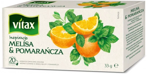Herbata owocowa w torebkach Vitax Inspirations, melisa i pomarańcza, 20 sztuk x 1.65g