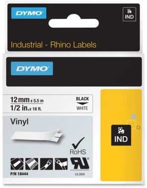 Taśma winylowa Dymo do drukarek etykiet Rhino (S0718600), 12mmx5.5m, nadruk czarny, taśma biała