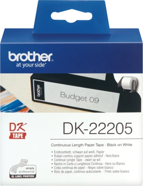 Taśma papierowa do drukarek etykiet Brother DK 22205, 62mmx30.48m, nadruk czarny, taśma biała