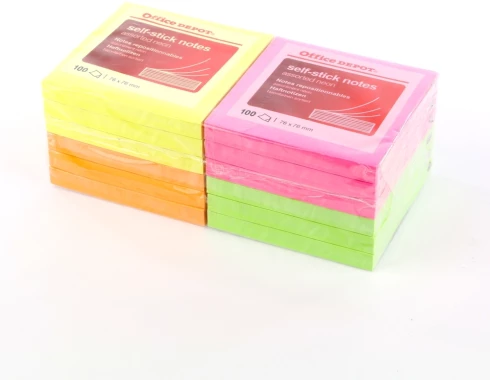 Karteczki samoprzylepne Office Depot, 76x76mm, 12x100 karteczek, mix kolorów neonowych