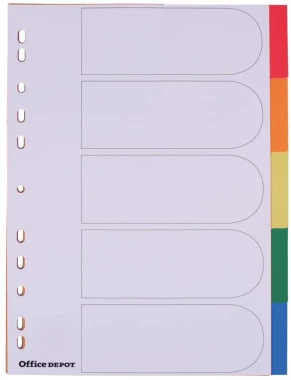 Przekładki plastikowe gładkie z kolorowymi indeksami Office Depot, A4, 5 kart, biały