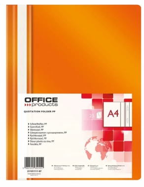 Skoroszyt plastikowy bez oczek Office Products, A4, do 200 kartek, pomarańczowy
