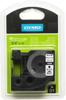 Taśma nylonowa do drukarek etykiet Dymo D1, elastyczna, 19mmx3.5m, biały/czarny nadruk