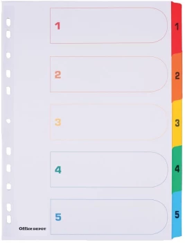 Przekładki kartonowe numeryczne z kolorowymi indeksami Office Depot Mylar, A4, 1-5 kart, biały
