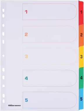 Przekładki kartonowe numeryczne z kolorowymi indeksami Office Depot Mylar, A4, 1-5 kart, biały